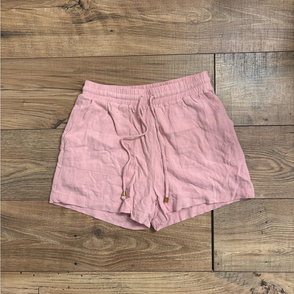 High-Rise Pink Drawstring Linen-Blend Shorts for Women